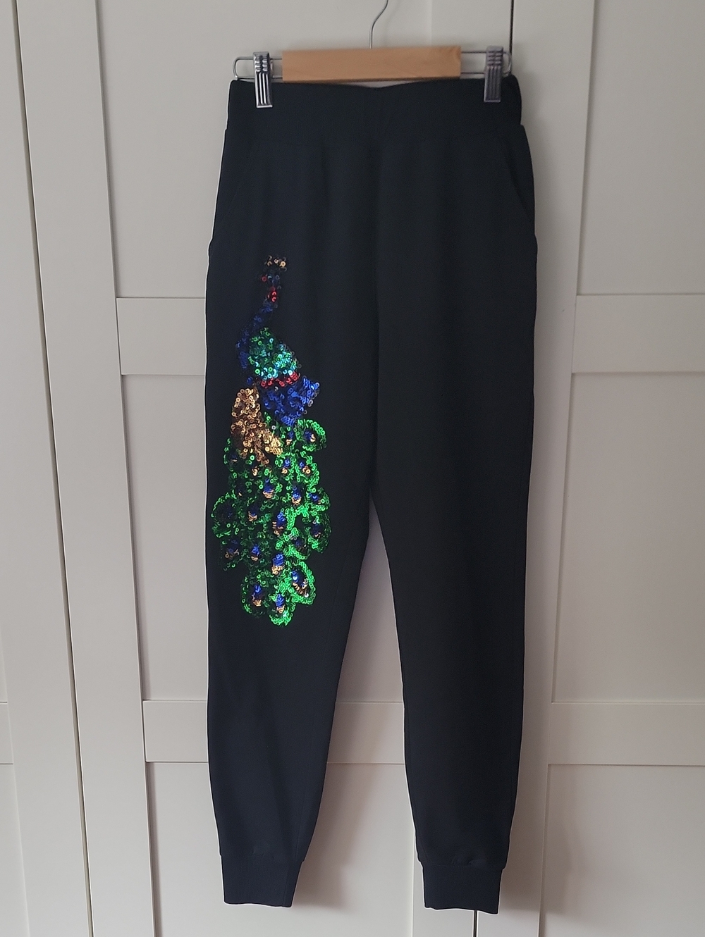 ❄️3/$30 Black Track Pants With Sequin Peacock